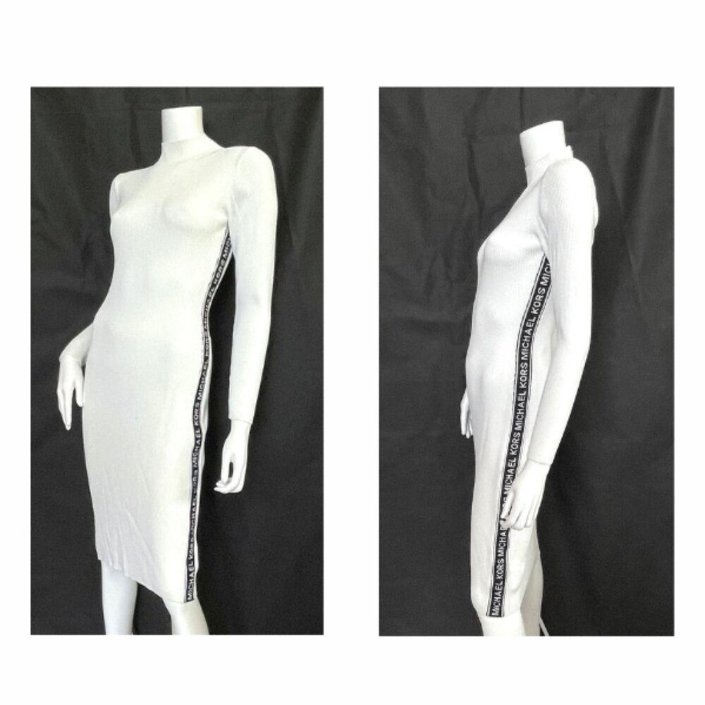 Michael Kors Ribbed Form Fitting Dress Sz S White Navy Blue